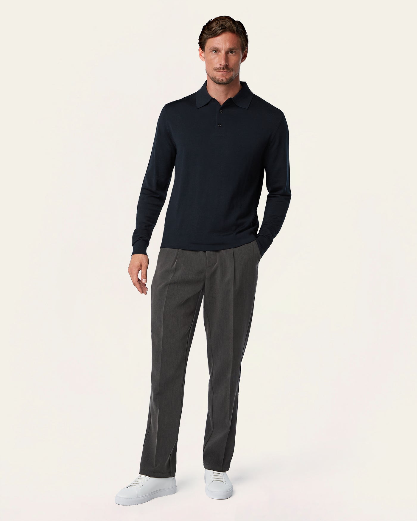 Knitted Long-sleeve Polo Navy