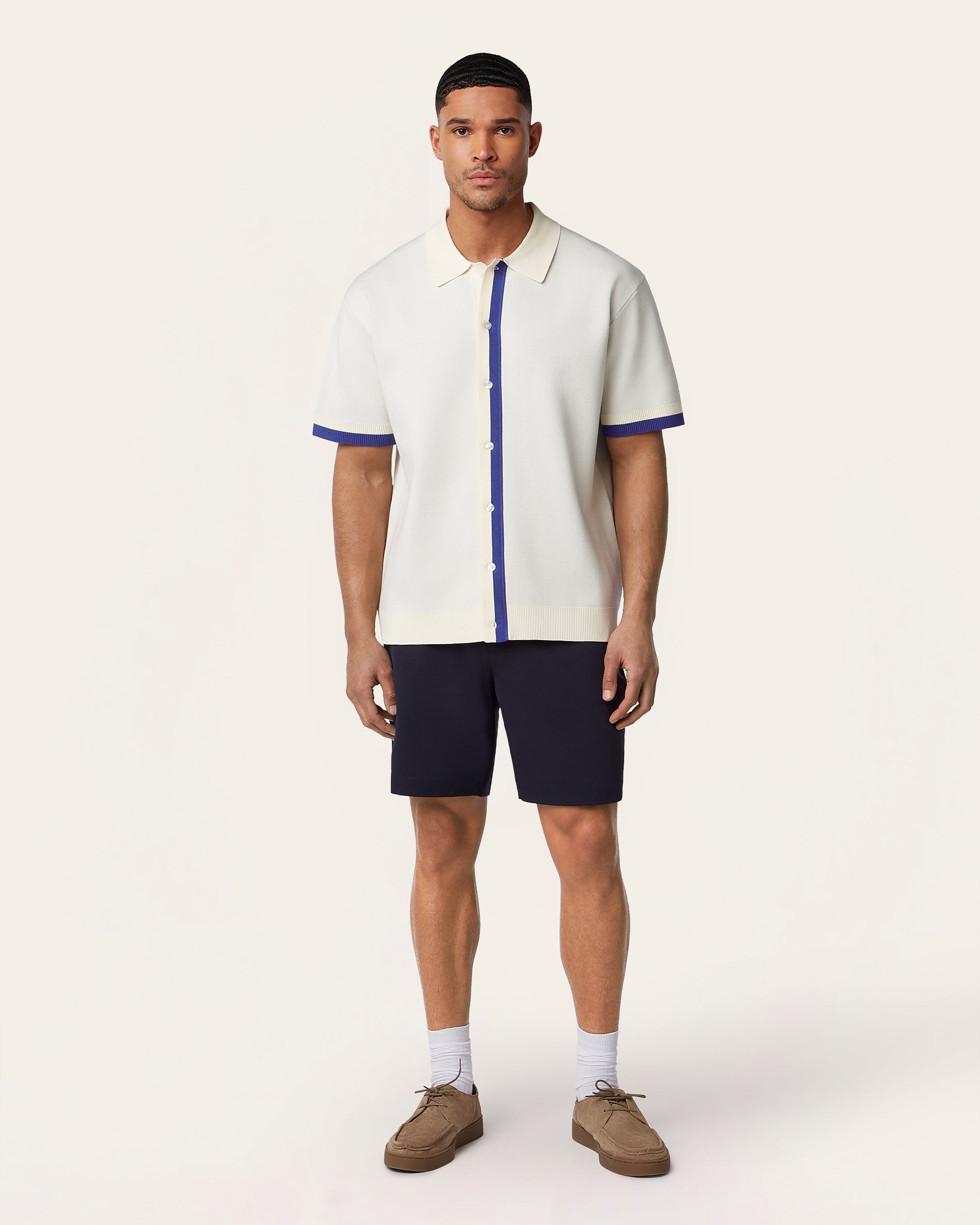 Jacquard Short Sleeve Shirt Off White / Cobalt Blue